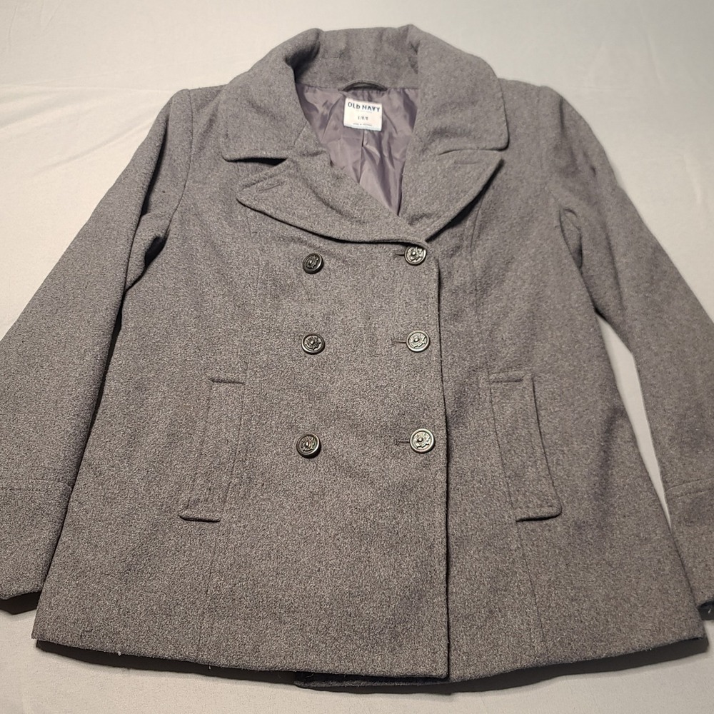 Old Navy Womens Peacoat Large Double Breasted Gray Wool Blend Classic Preppy